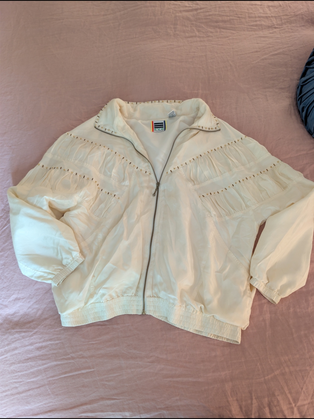 VTG EVR Div Rousso 100% Silk Beaded Ruched Bomber Jacket Ivory White XL